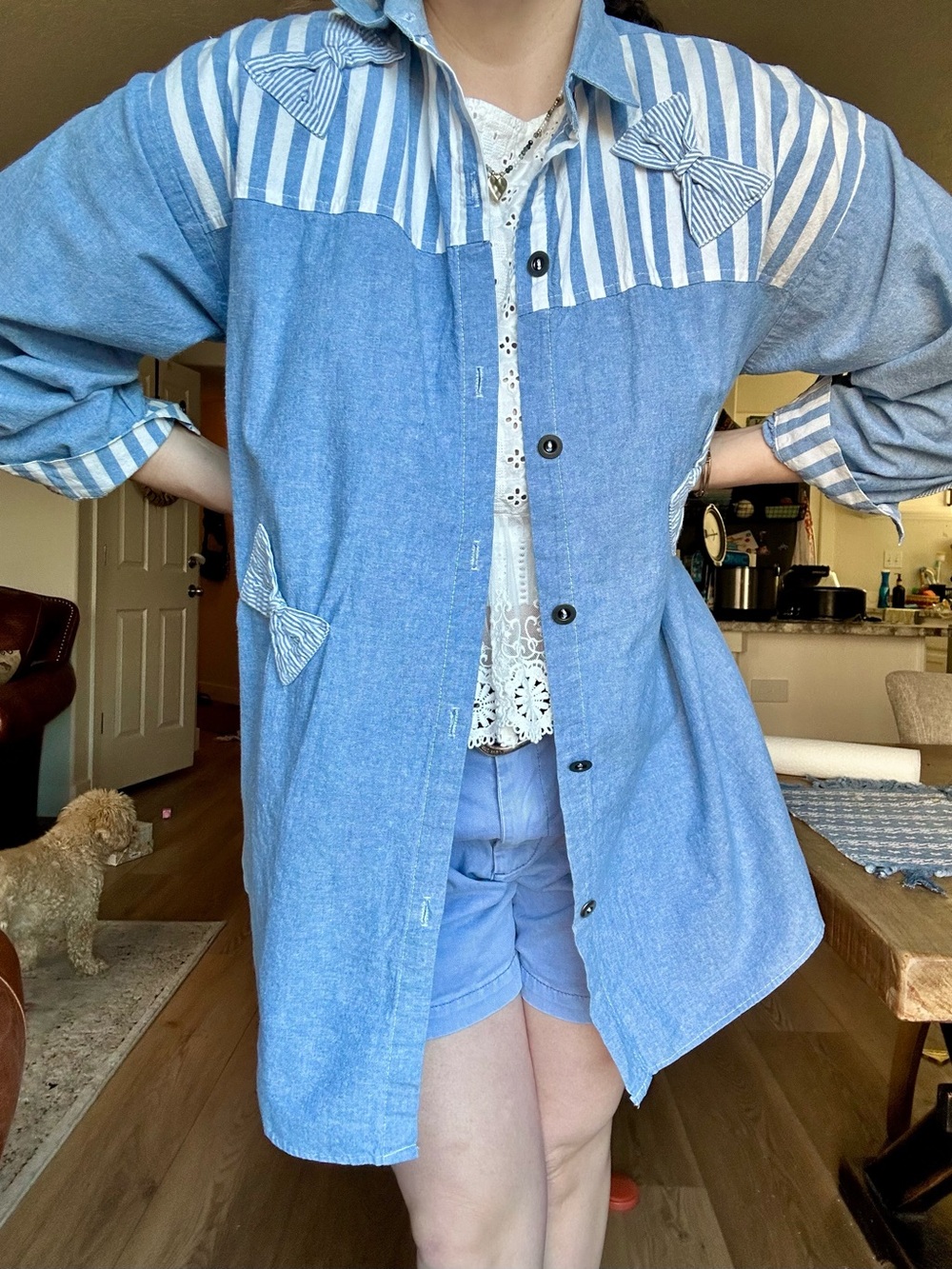 Vintage Randi coquette bow striped chambray shirt, over-sized, 100% cotton